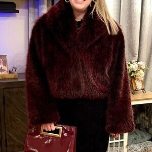 Luxurious Burgundy Faux Fur Cropped Jacket (Saks 5th Avenue; size M)